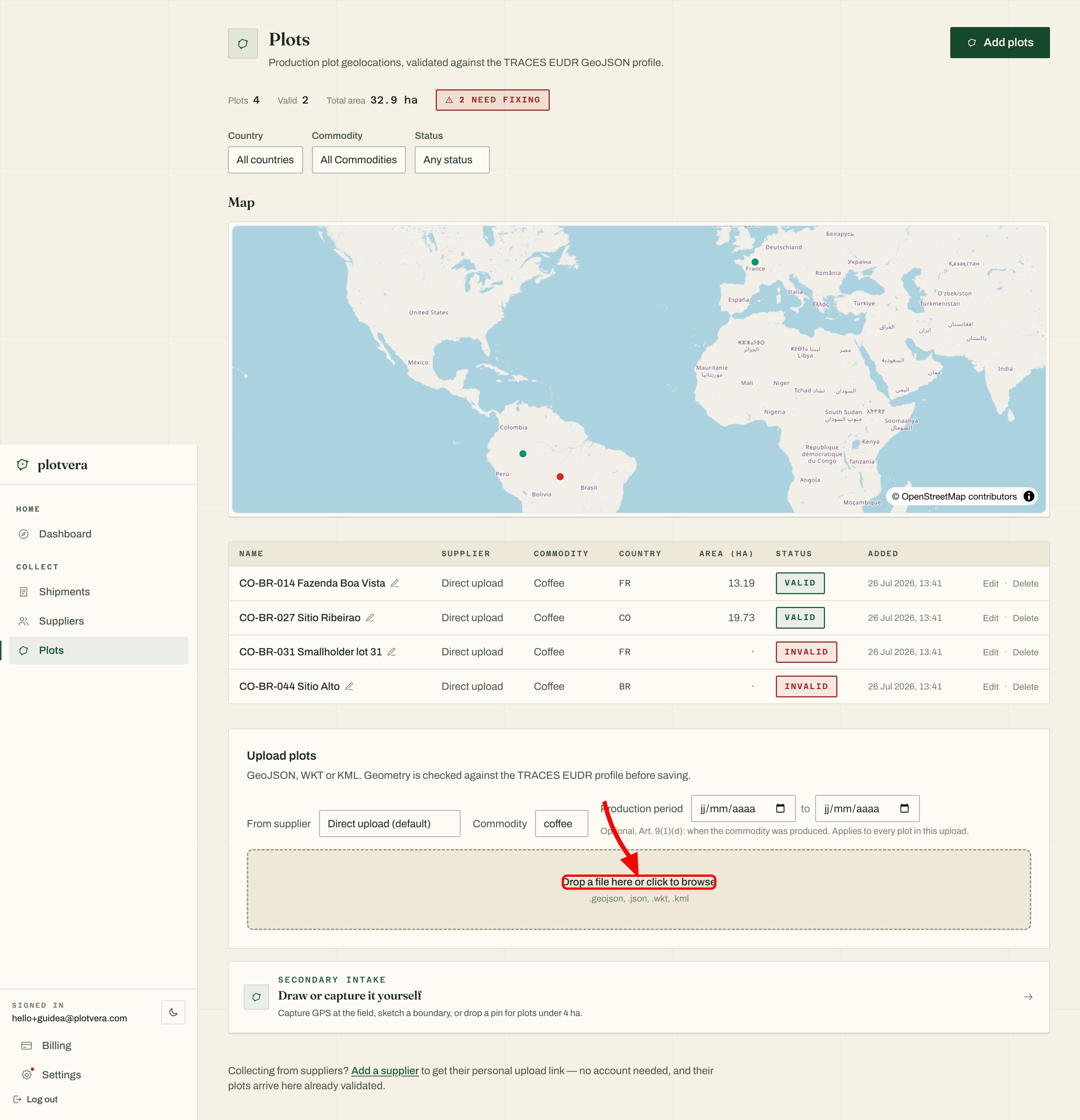 Plots register with saved rows, an Add plots button, upload controls and an Add a supplier link