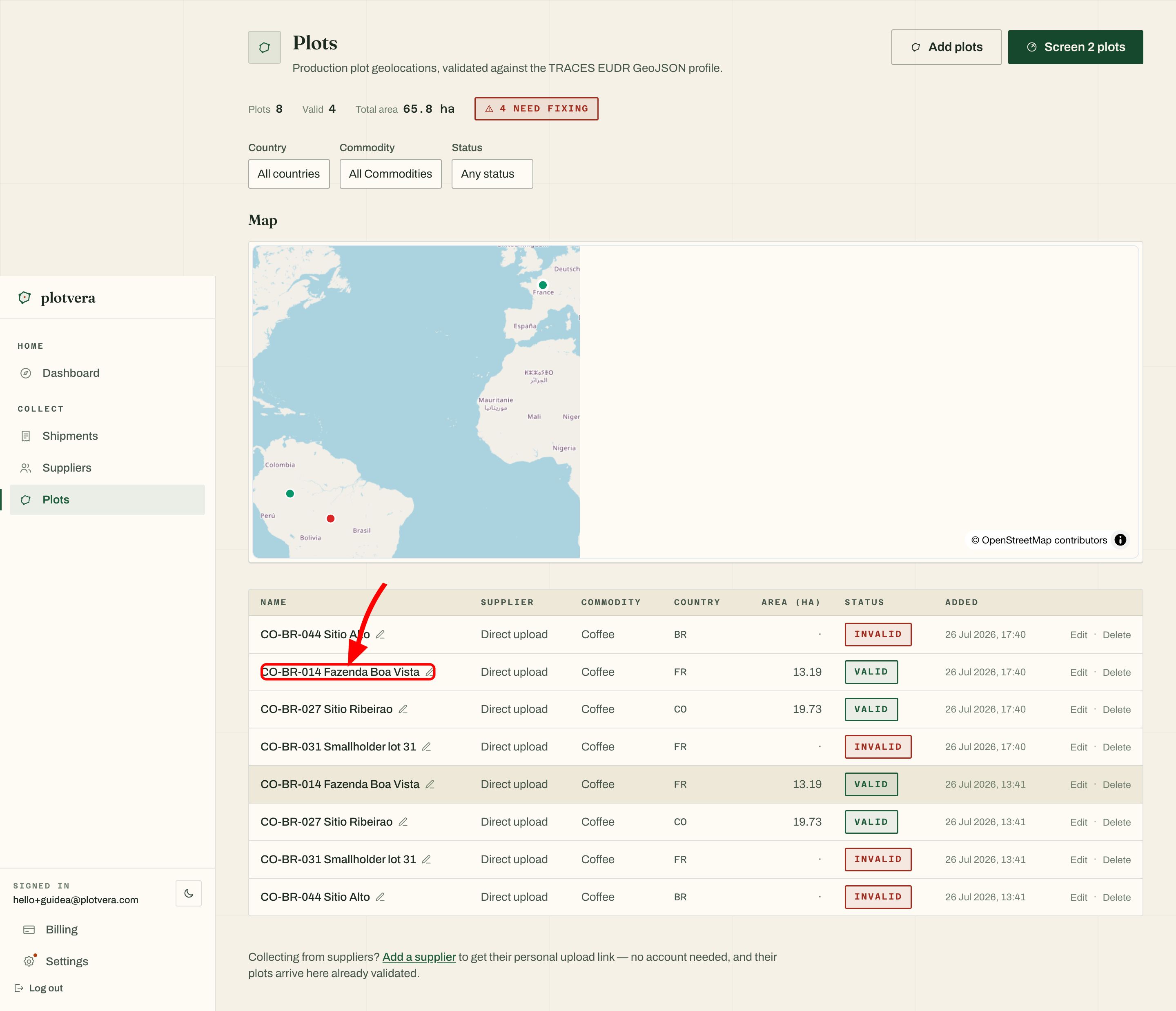 Plots register with valid and invalid coffee rows, Edit controls and a Screen 2 plots button