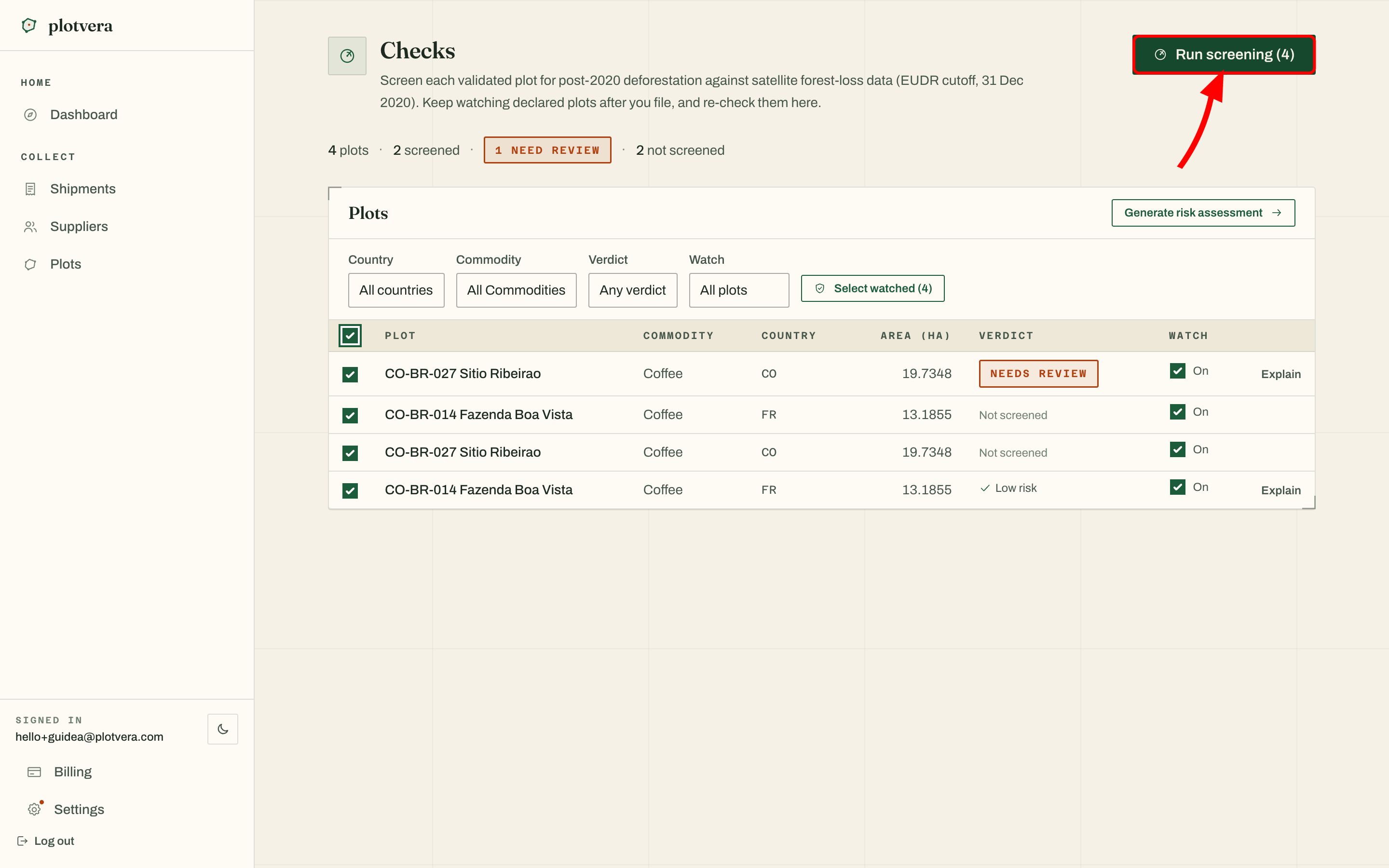 Checks table with selected coffee plots and the Run screening button