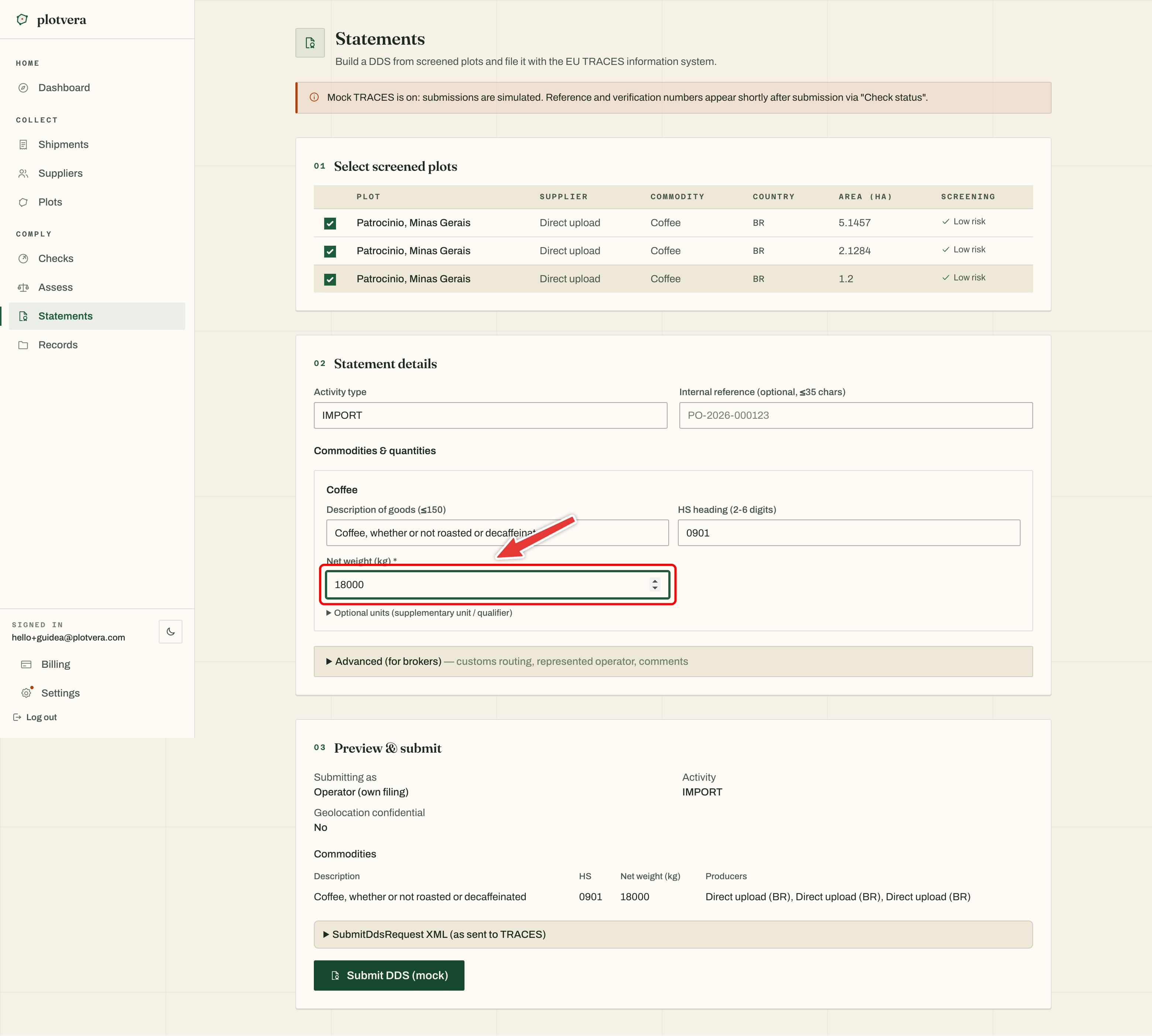 Statements composer with screened coffee plots, IMPORT activity, internal reference, HS 0901 and net weight