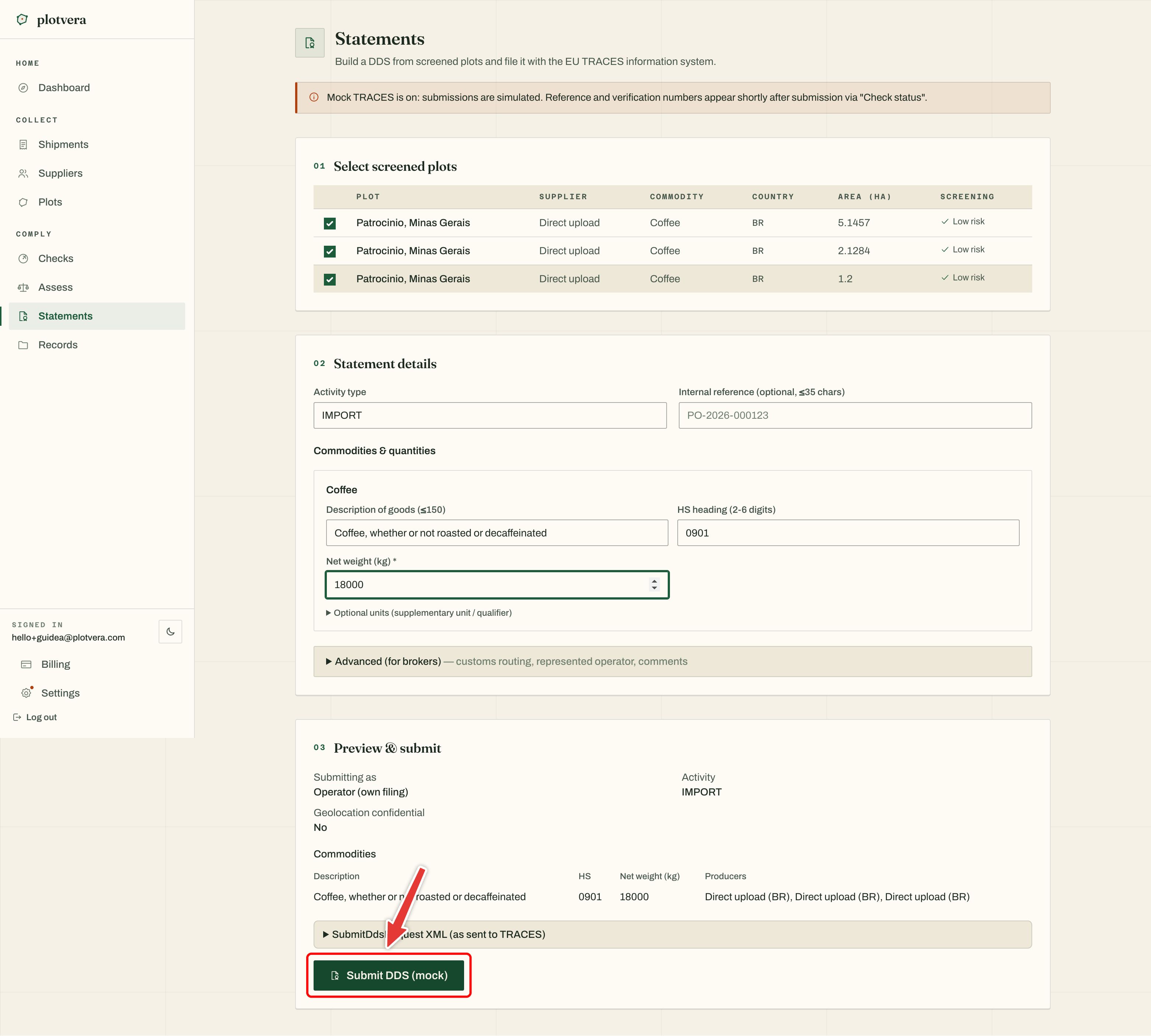 TRACES-ready coffee DDS preview with a Submit DDS mock button