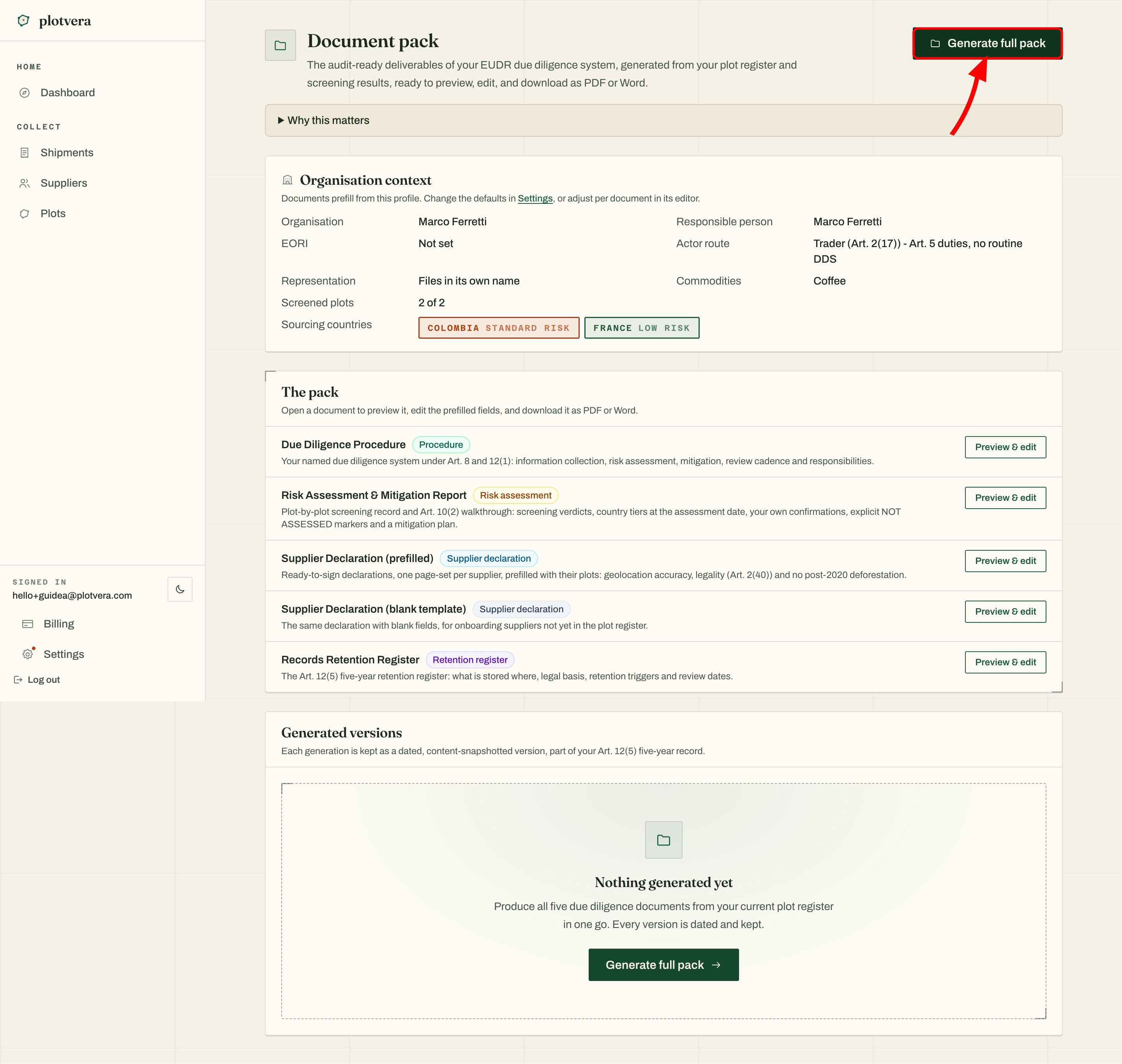 Document pack before generation, with Organisation context showing Trader and EORI Not set