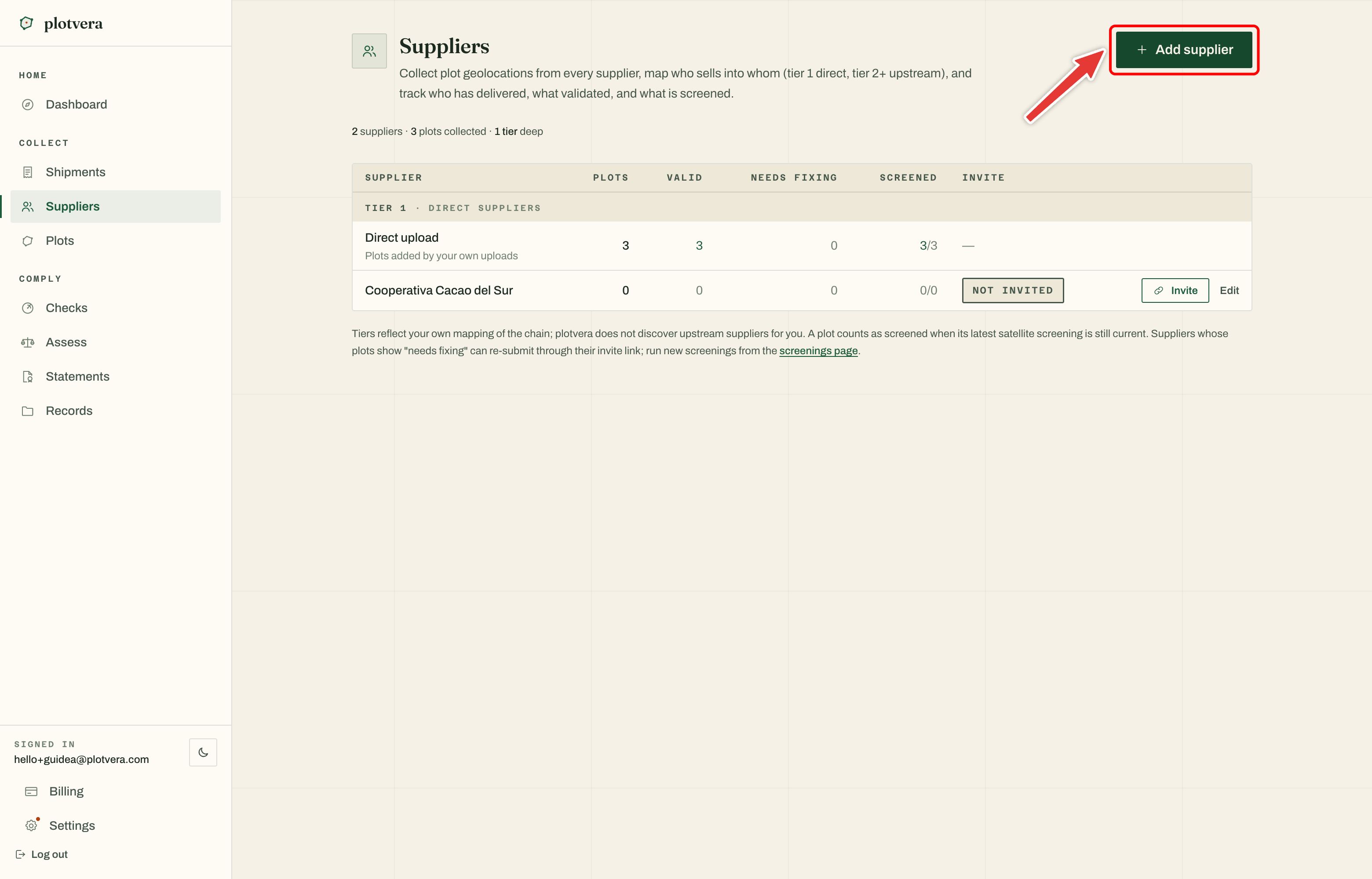 Seite Suppliers mit Tier-1-Zeilen, Zahlen zu Validierung und Screening, Einladungsstatus sowie Edit und Add supplier
