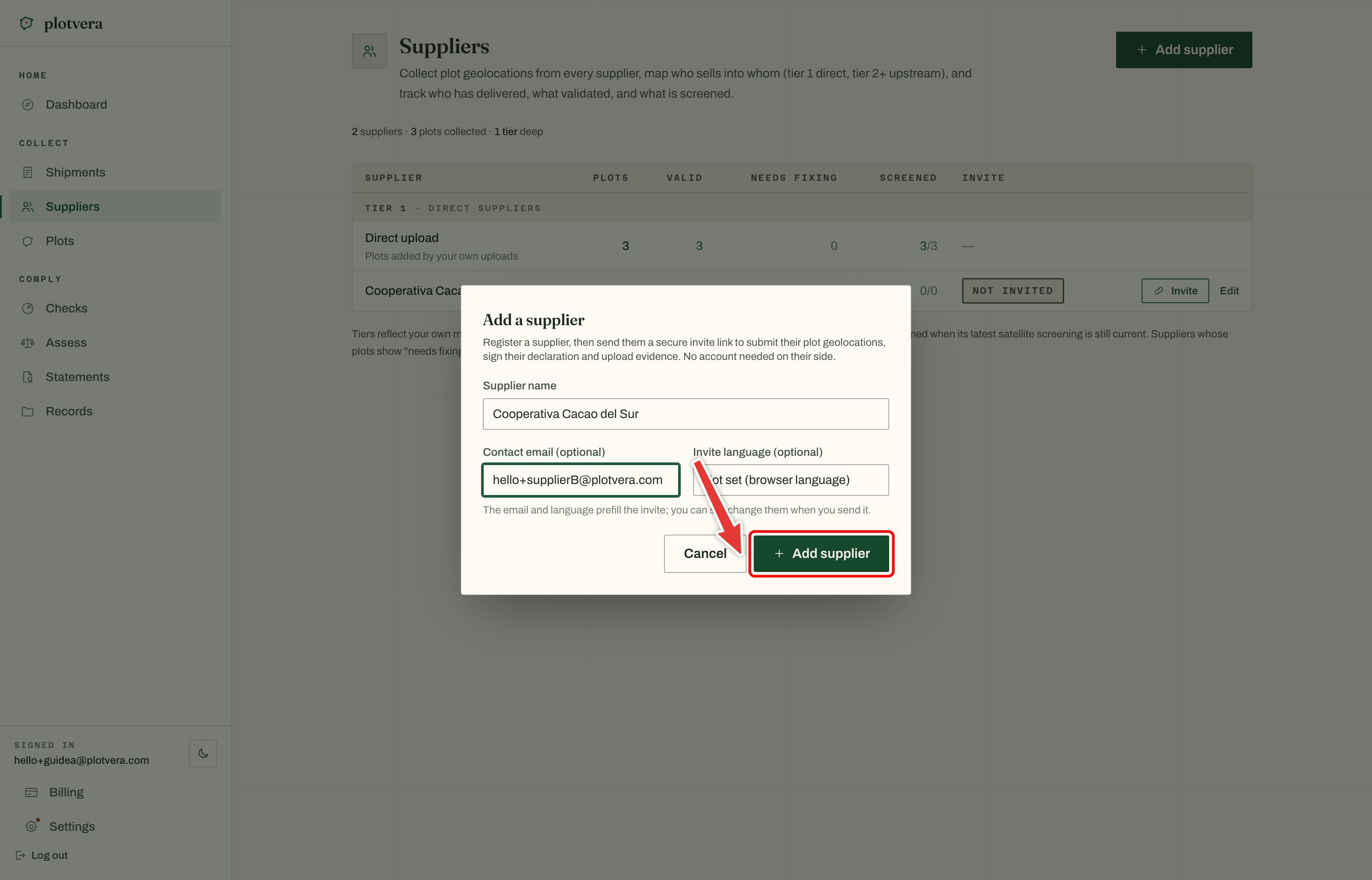 Dialog Add a supplier mit den Feldern Supplier name, Contact email optional und Invite language optional