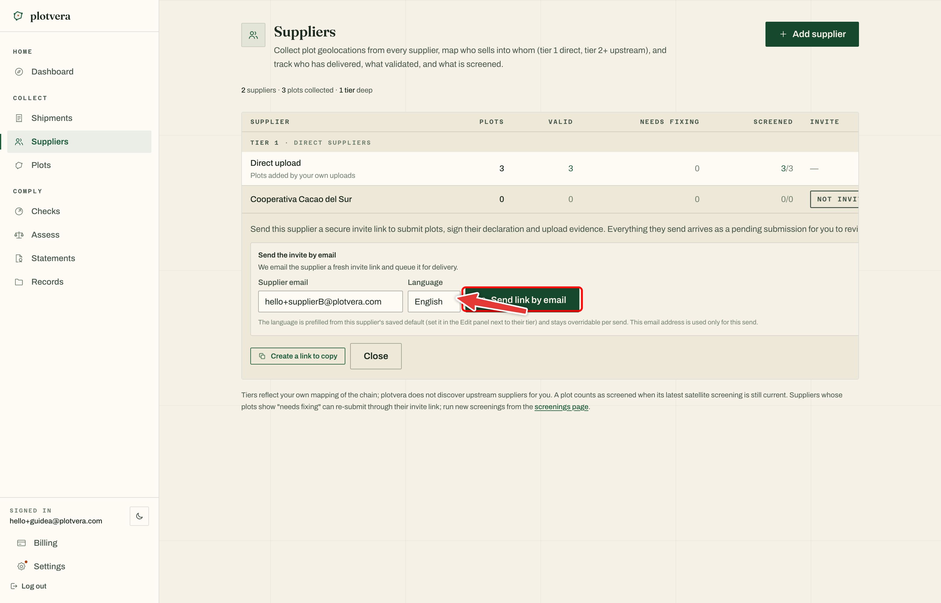 Einladungsfeld eines Lieferanten mit E-Mail, Sprache, Send link by email und Create a link to copy