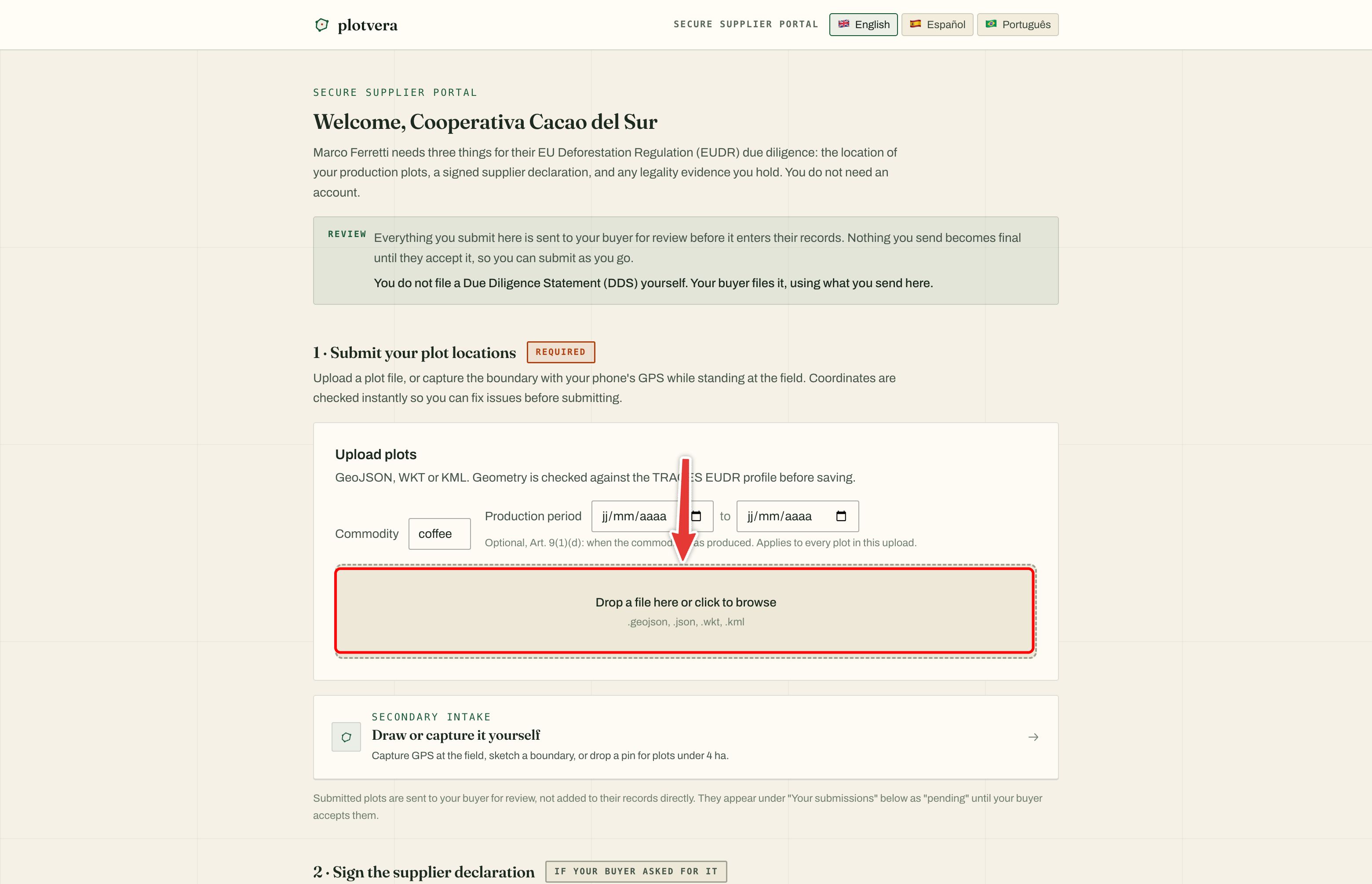 Lieferantenportal ohne Konto mit Erzeugnis, Produktionszeitraum, Upload einer Flächendatei und Zeichen- oder Erfassungsoption