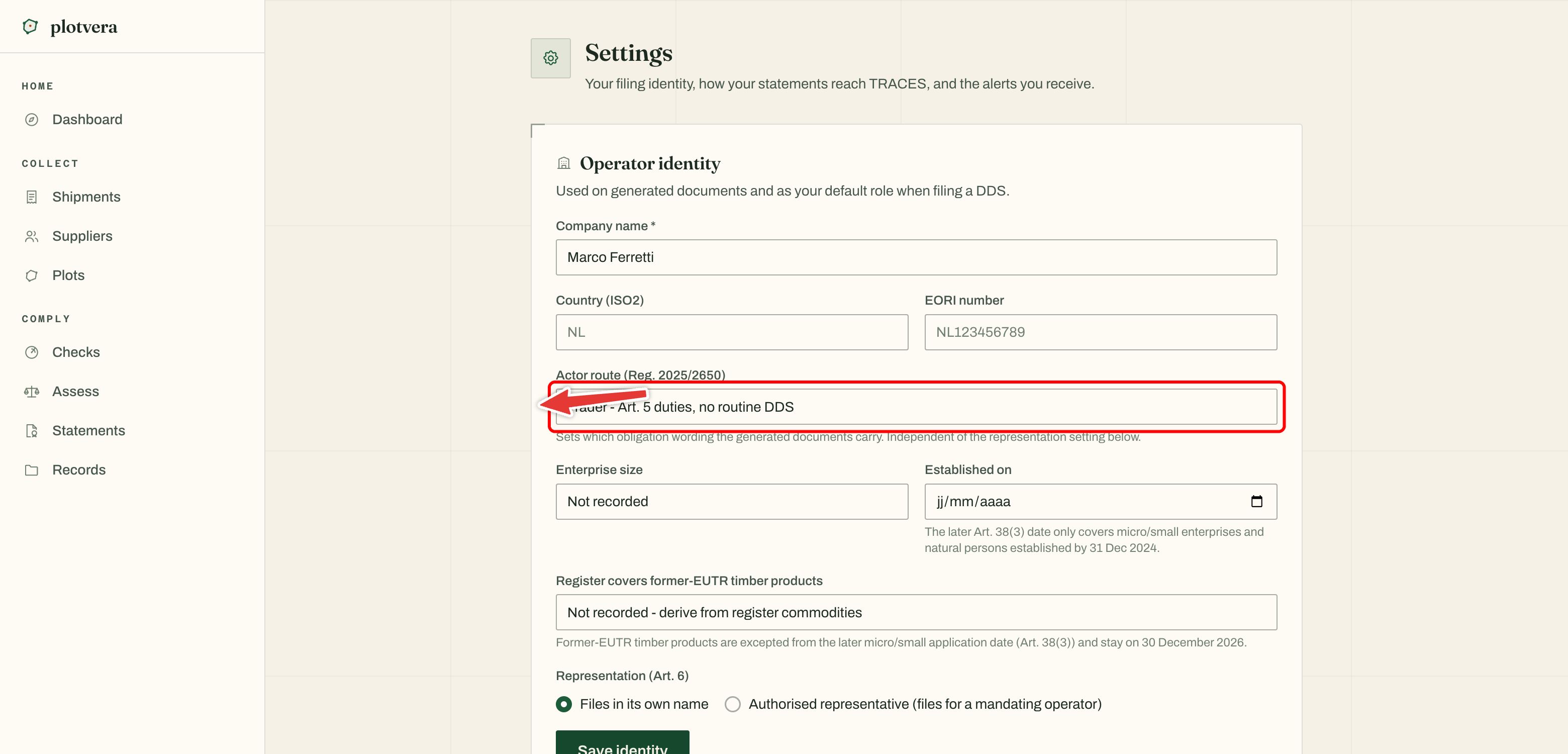 Settings page with Actor route Reg. 2025/2650 set to Trader, Art. 5 duties, no routine DDS