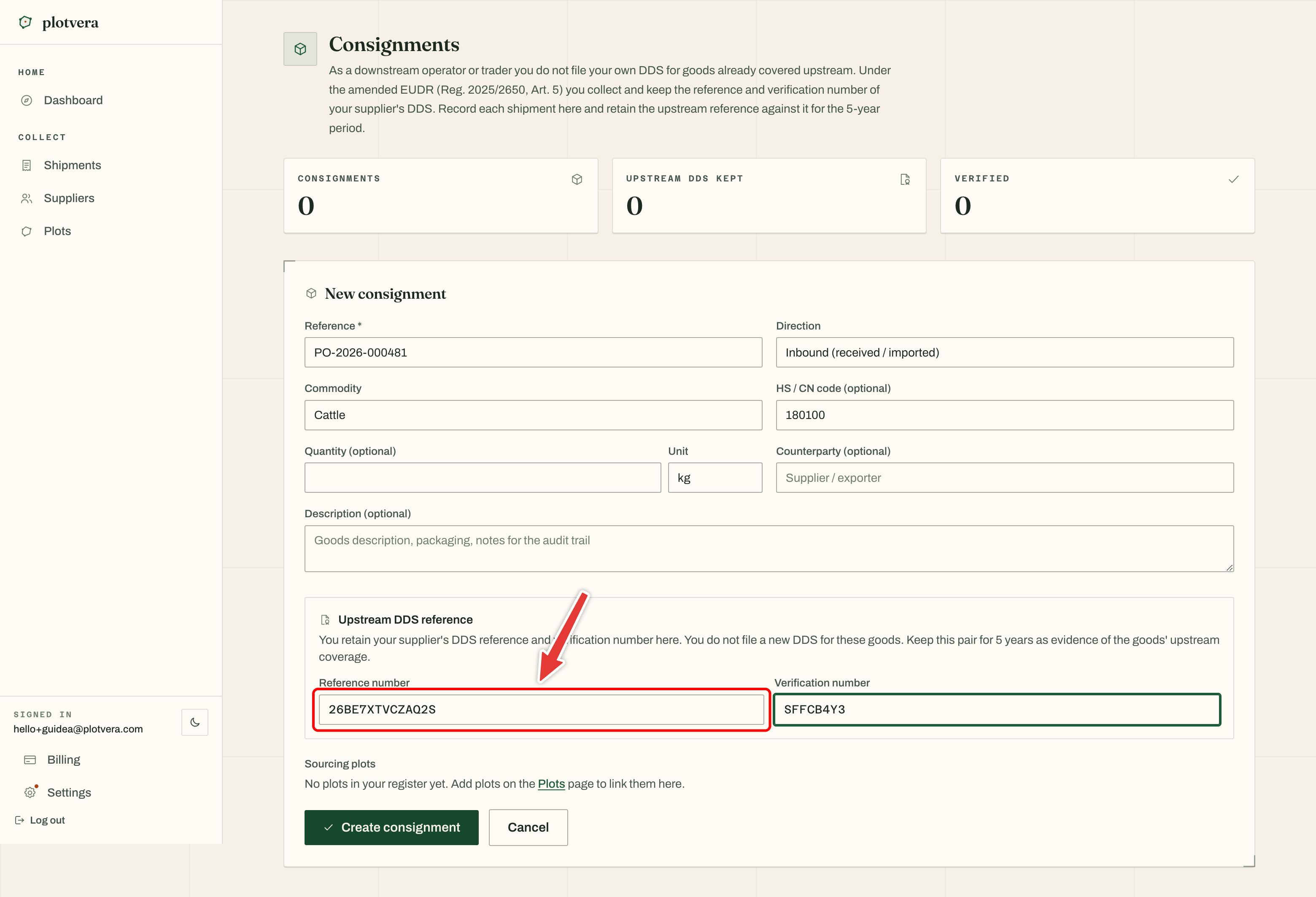 New consignment form with transaction details, Reference number, Verification number, sourcing plots and Create consignment