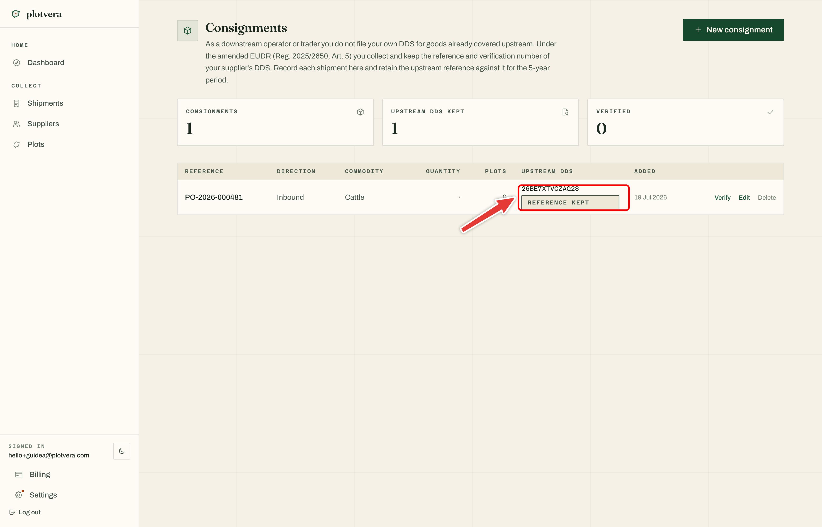 Saved consignment row with an upstream reference, Reference kept status and Verify, Edit and Delete actions