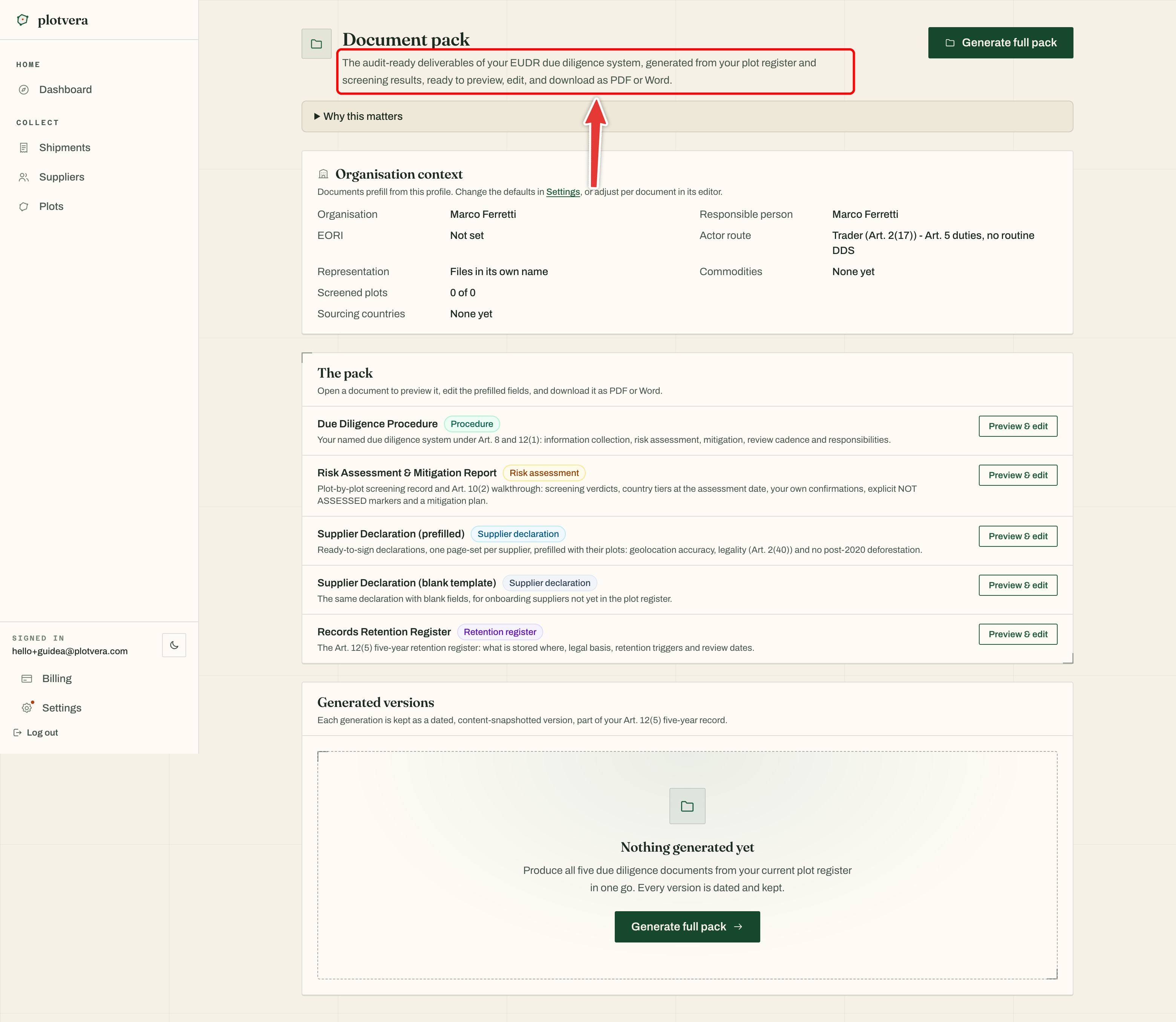 Document pack page showing Trader as the actor route, five document templates and Generate full pack before any versions have been generated