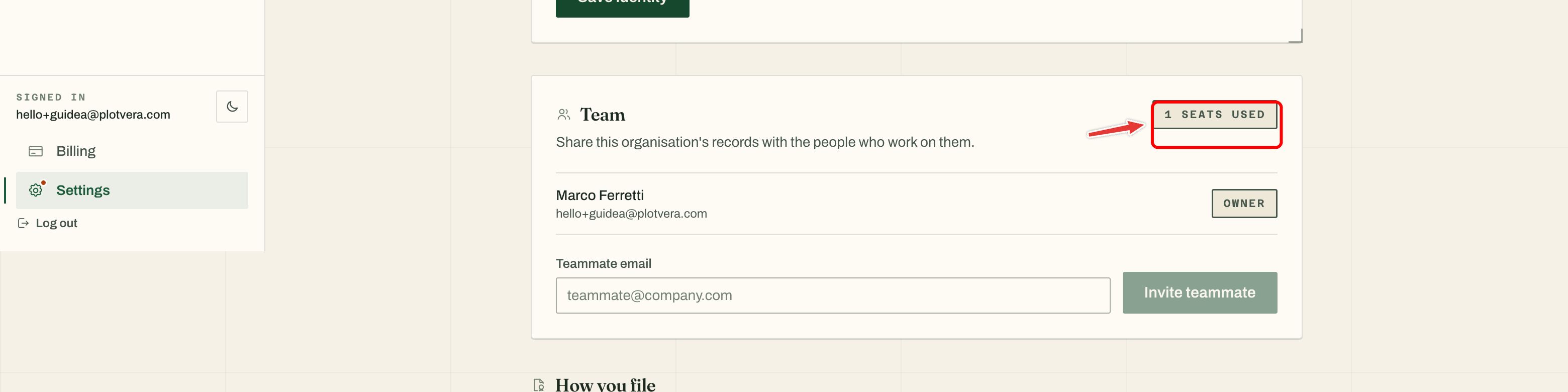 The Team panel in plotvera Settings showing used seats and member roles