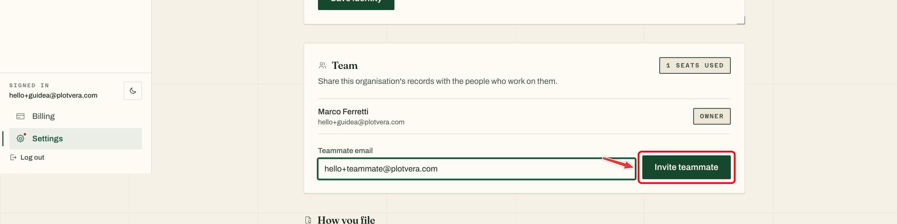 The Team form with a Teammate email field and Invite teammate button