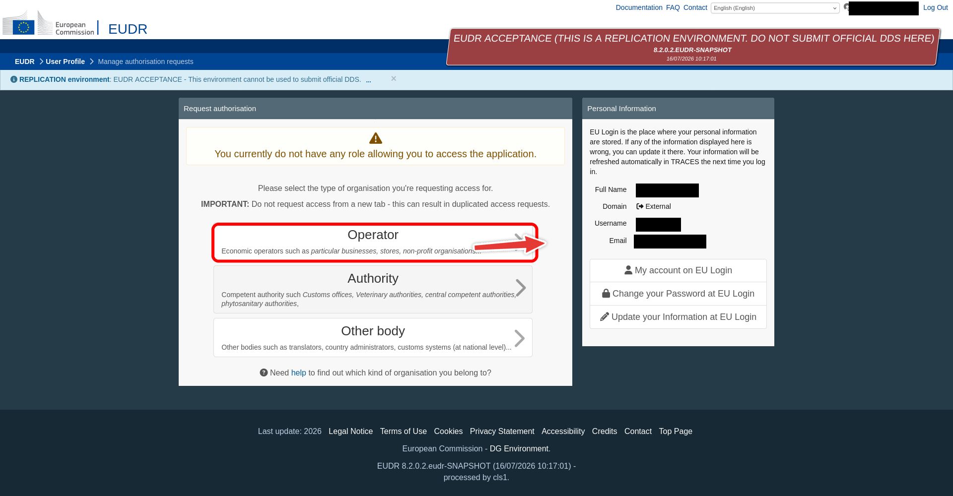 The TRACES role picker with the Operator option highlighted