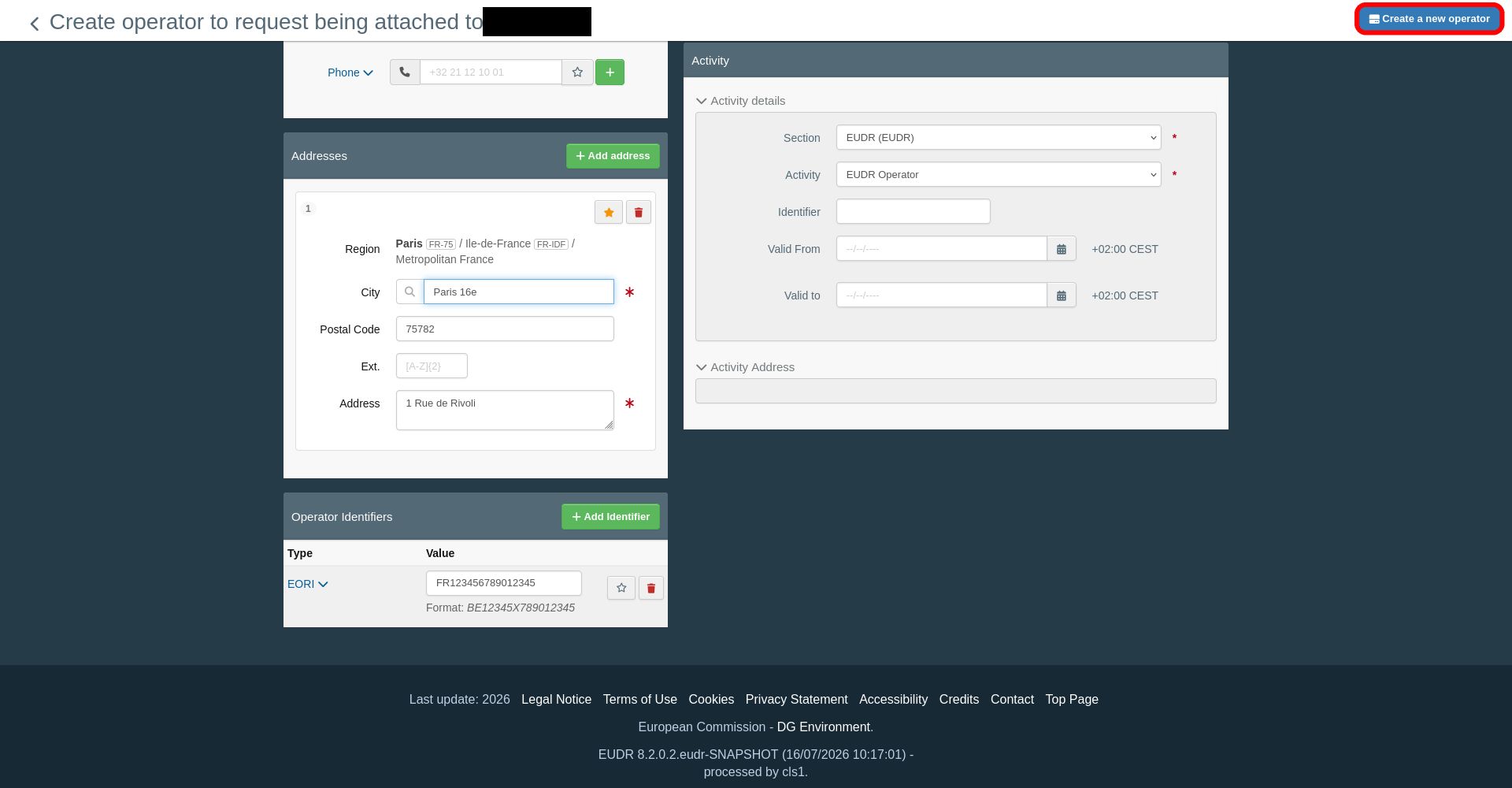 The completed operator form with the Create a new operator button highlighted at the top right