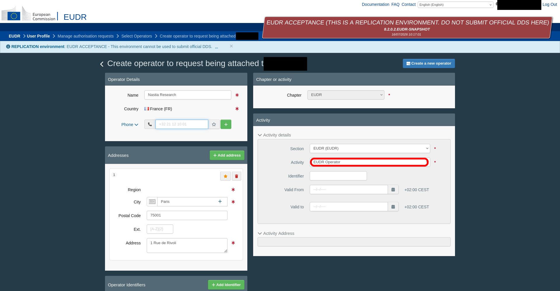 The operator registration form with the activity set to EUDR Operator