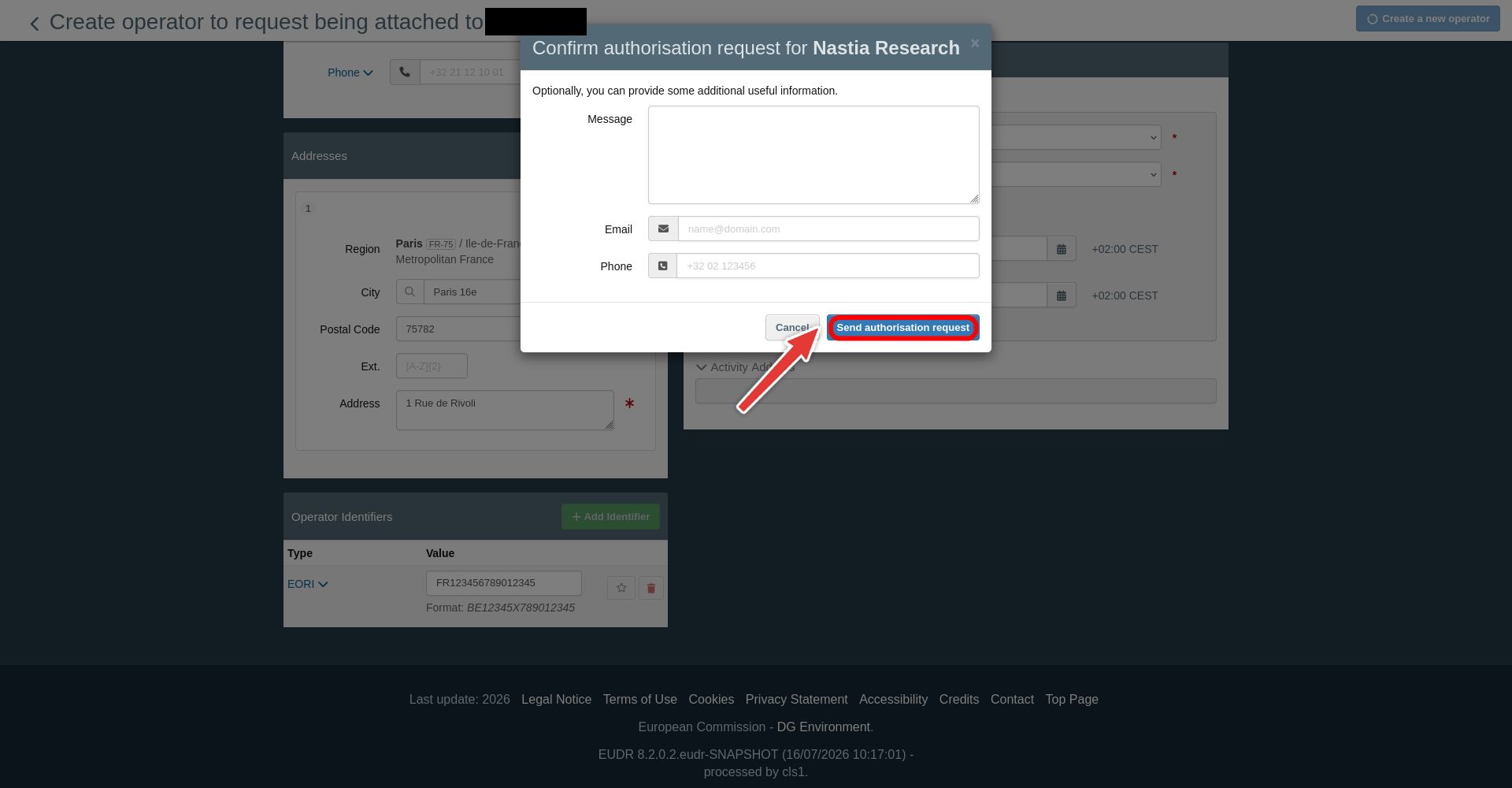The confirm authorisation request dialog with the send button highlighted