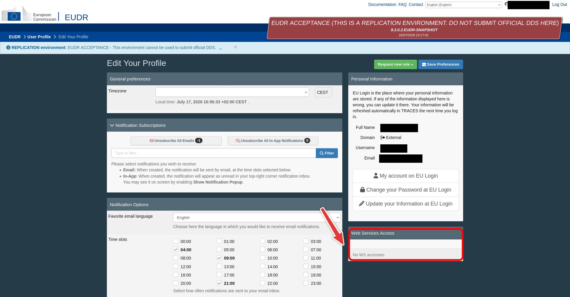 The Web Services Access panel on the TRACES user profile